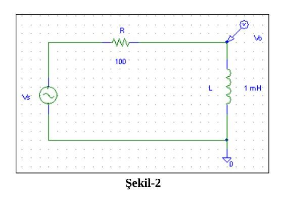 Şekil-2: PSpice şeması; R = 100 Ω, L = 1 mH, çıkış bobin üzerinden