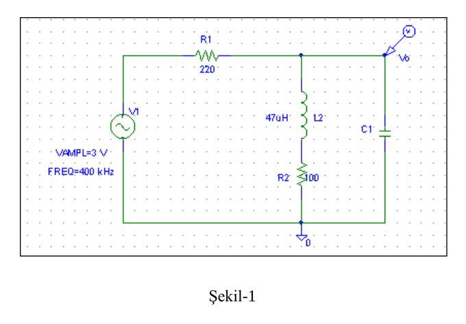 Şekil-1: PSpice şeması; VAMPL = 3 V, FREQ = 400 kHz kaynak, R1 = 220 Ω, yük L2 = 47 µH ile R2 = 100 Ω, yüke paralel C1