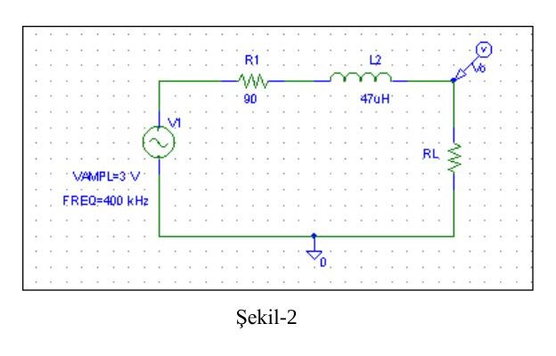 Şekil-2: PSpice şeması; VAMPL = 3 V, FREQ = 400 kHz kaynak, R1 = 90 Ω, L2 = 47 µH ve RL yükü