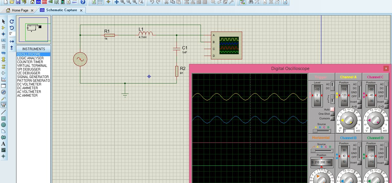 Proteus: R1 = 1 kΩ, L1, C1 = 1 nF ve R2 = 91 Ω'luk devre ve osiloskopta iki kanal