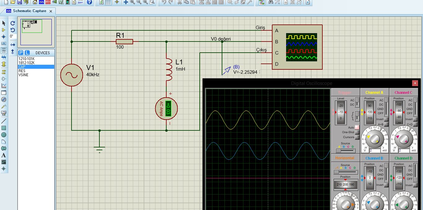 Proteus: R = 100 Ω, L = 1 mH RL devresi, 40 kHz kaynak, AC ampermetre ve osiloskopta giriş ile çıkış gerilimleri