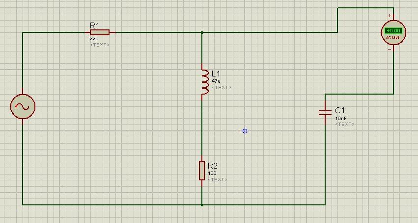 Proteus: R1 = 220 Ω, L1 = 47 µH, R2 = 100 Ω ve paralel C1 = 10 nF'lık kompanzasyon devresi, AC voltmetre 0,90 V