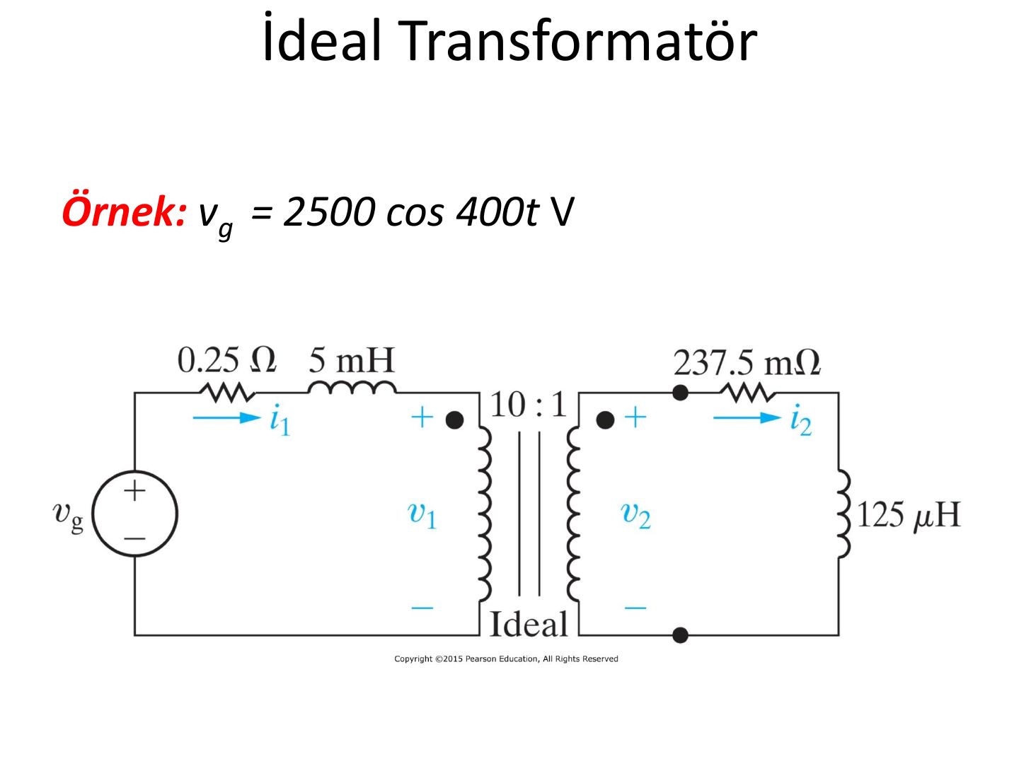 Örnek devre: vg kaynağı, 0,25 ohm ve 5 mH, 10:1 ideal trafo, 237,5 miliohm ve 125 mikrohenri yük
