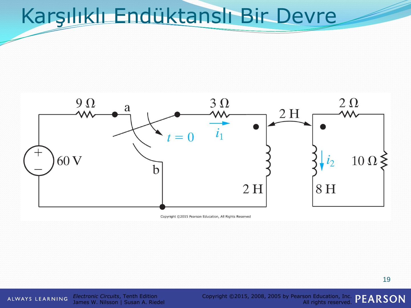 Karşılıklı endüktanslı devre: 60 V, 9 ohm, 3 ohm, 2 H ve 8 H sargılar, M = 2 H, 2 ohm ve 10 ohm