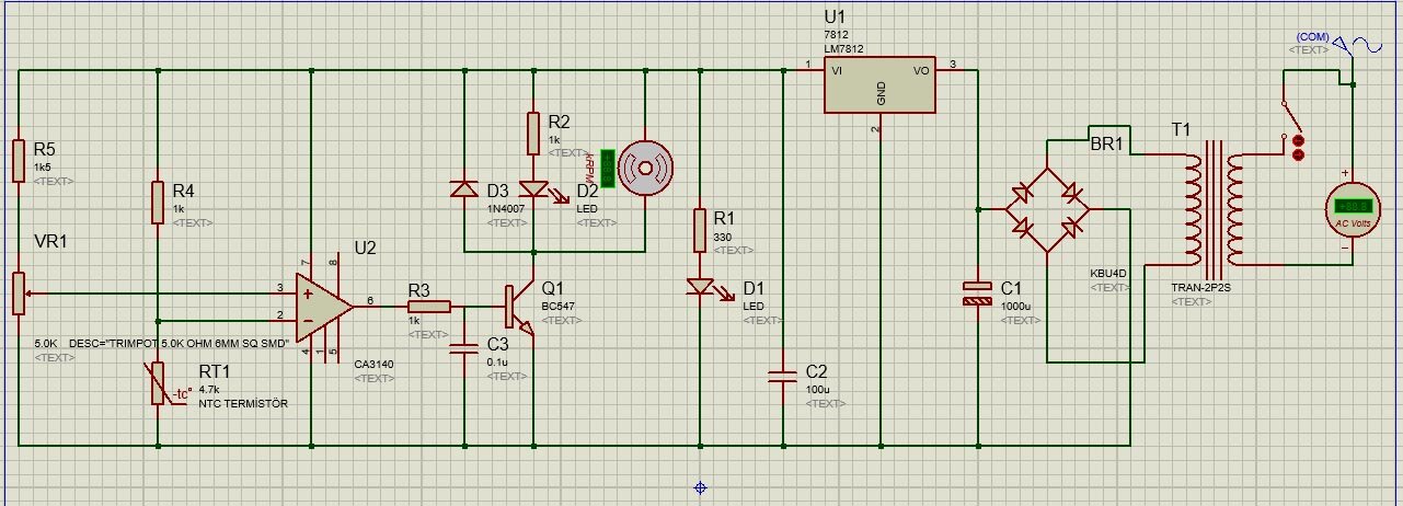 Proteus şeması: AC giriş ve anahtar, TR1 trafosu, BR1 köprü doğrultucu, C1 ve C2 kondansatörleri, 7812 regülatör, CA3140 op-amp, NTC termistör RT1, VR1 potansiyometresi, BC547 transistör, fan ve LED'ler