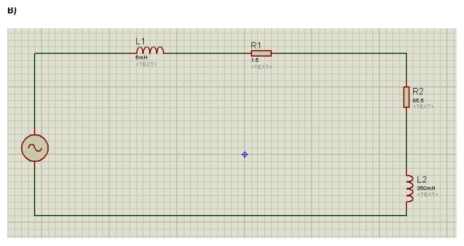 Raporda kullanılan tek faz eşdeğer devre: L1 = 6 mH, R1 = 1,5 Ω, R2 = 85,5 Ω, L2 = 350 mH