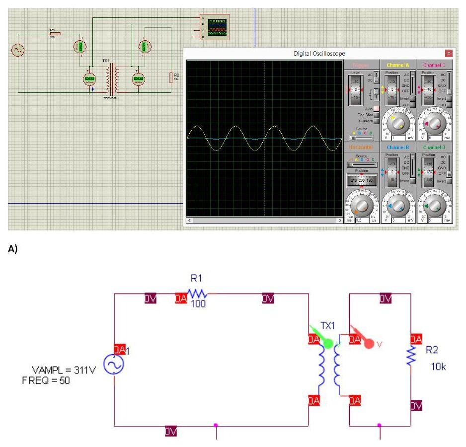 Ödev-4 trafo devresi: 311 V, 50 Hz kaynak, R1 = 100 Ω, TX1 trafosu ve R2 = 10 kΩ yük; Proteus osiloskop görüntüsü