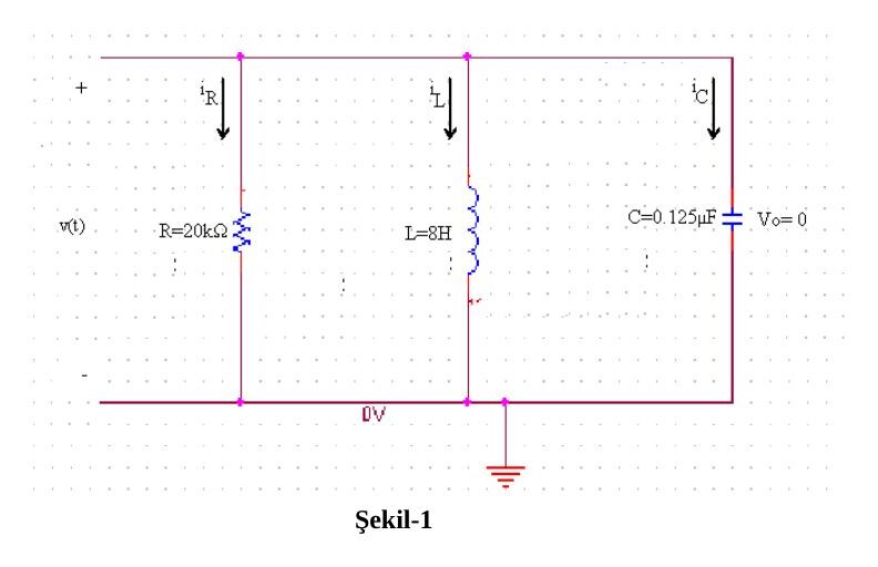 Şekil-1: paralel R = 20 kΩ, L = 8 H, C = 0.125 µF devresi; iR, iL, iC akımları ve v(t) gerilimi