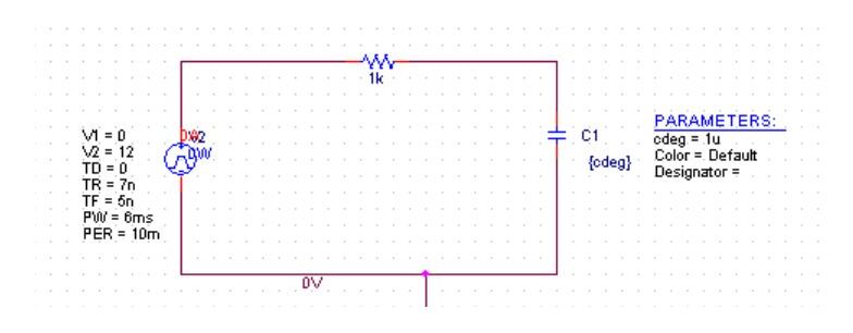 Şekil-1: VPULSE kaynağı (V1 = 0, V2 = 12, PW = 6 ms, PER = 10 ms), 1 kΩ direnç ve parametrik C1 = {cdeg}