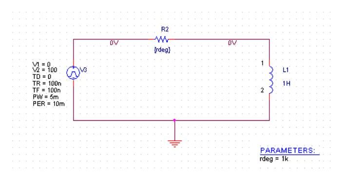 Şekil-2: VPULSE kaynağı (V1 = 0, V2 = 100, PW = 5 ms, PER = 10 ms), parametrik R2 = {rdeg} = 1 kΩ ve L1 = 1 H