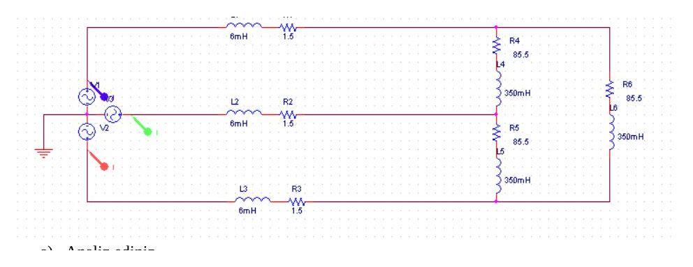 Üç fazlı devre: üç kaynak, 6 mH + 1.5 Ω hatlar ve 85.5 Ω + 350 mH yük kolları