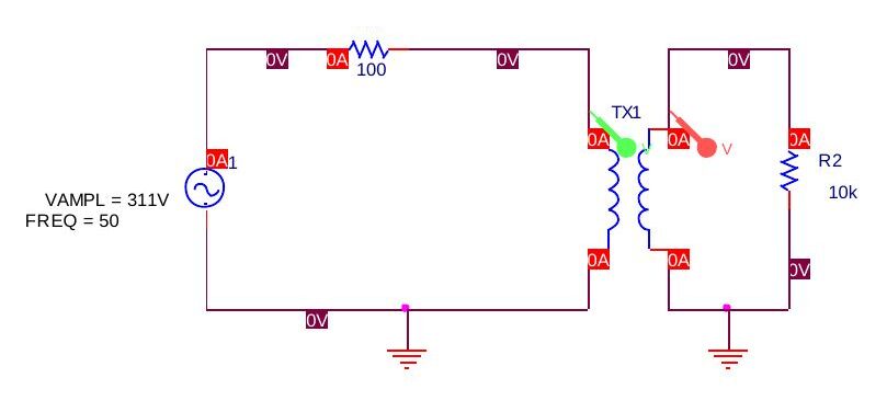 Trafo devresi: VAMPL = 311 V, FREQ = 50 Hz kaynak, R1 = 100 Ω, TX1 trafosu ve R2 = 10 kΩ yük