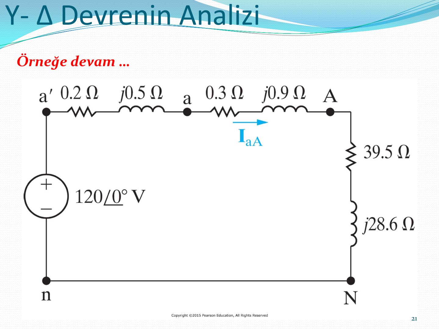 a fazı eşdeğer devresi: 120∠0° V, 0,2+j0,5 ohm, 0,3+j0,9 ohm hat ve 39,5+j28,6 ohm eşdeğer yük