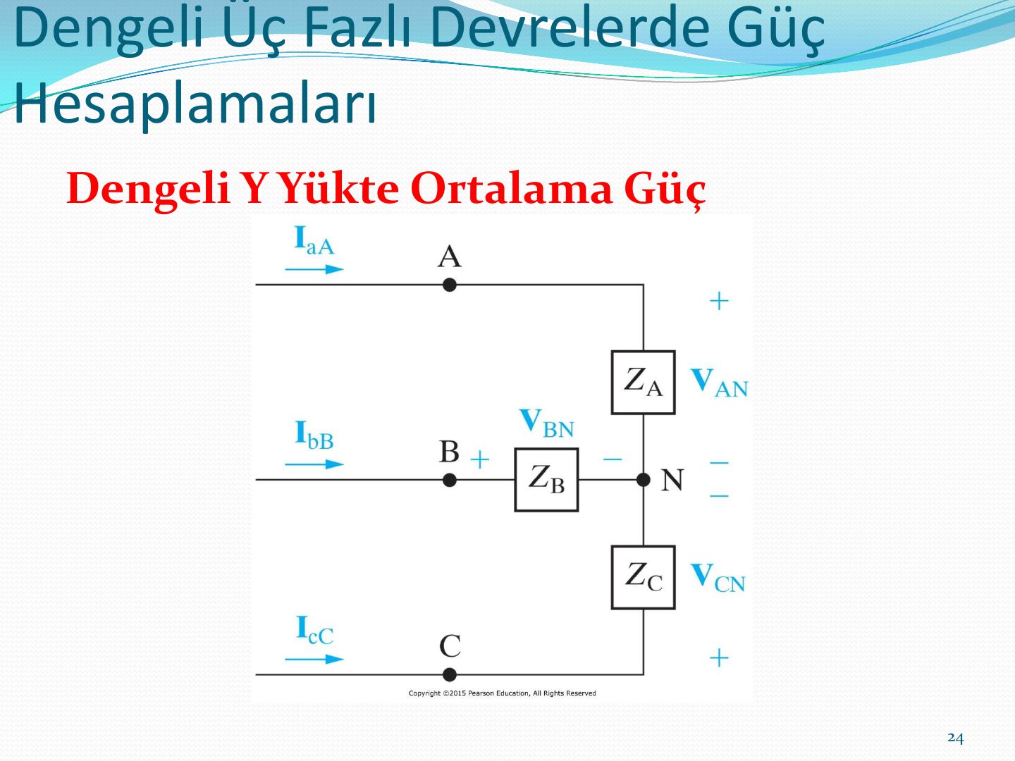 Dengeli Y yük: hat akımları IaA, IbB, IcC ve faz gerilimleri