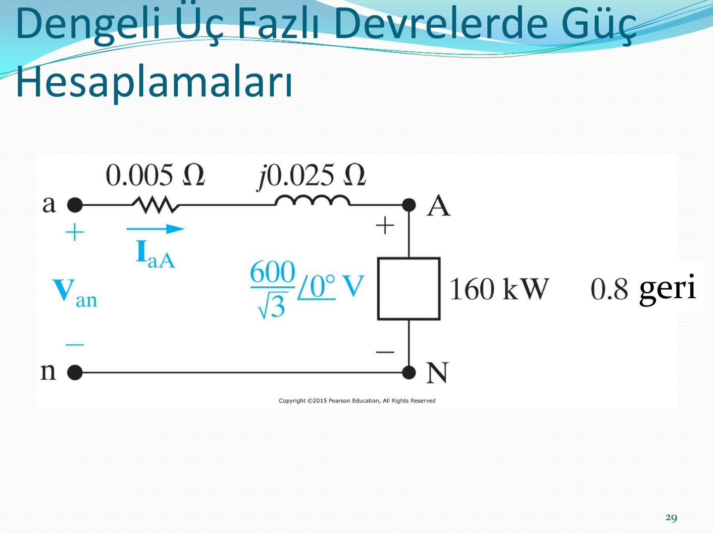 Tek faz eşdeğer devresi: 0,005+j0,025 ohm hat, 600/√3∠0° V yük gerilimi, 160 kW 0,8 geri yük