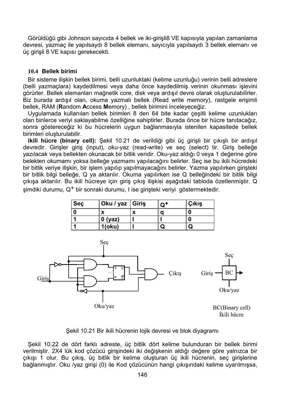 Bir bitlik bellek hücresi, çalışma tablosu ve bağlantı şeması