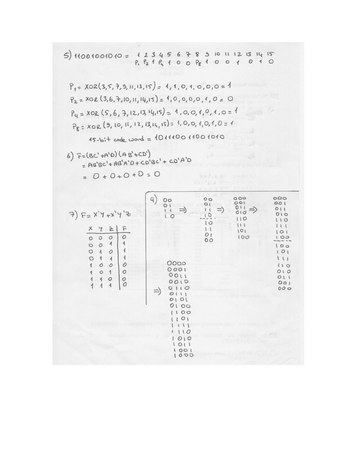 Quiz 2 A grubu el yazısı çözümleri: Hamming kodu, sadeleştirme, doğruluk tablosu ve Gray kodu üretimi