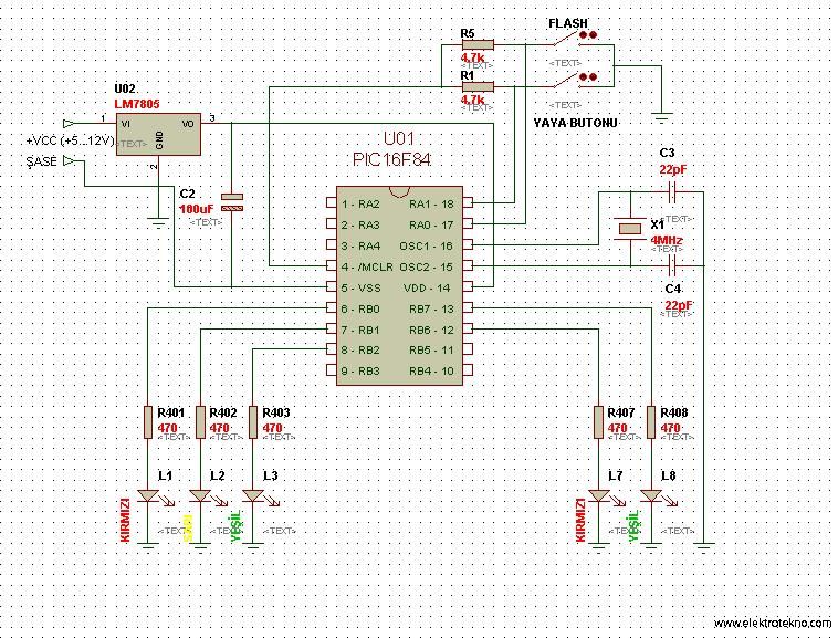 PIC16F84, LM7805, 4 MHz kristal, FLASH ve YAYA butonları ile araç ve yaya LED'lerinden oluşan trafik ışığı şeması