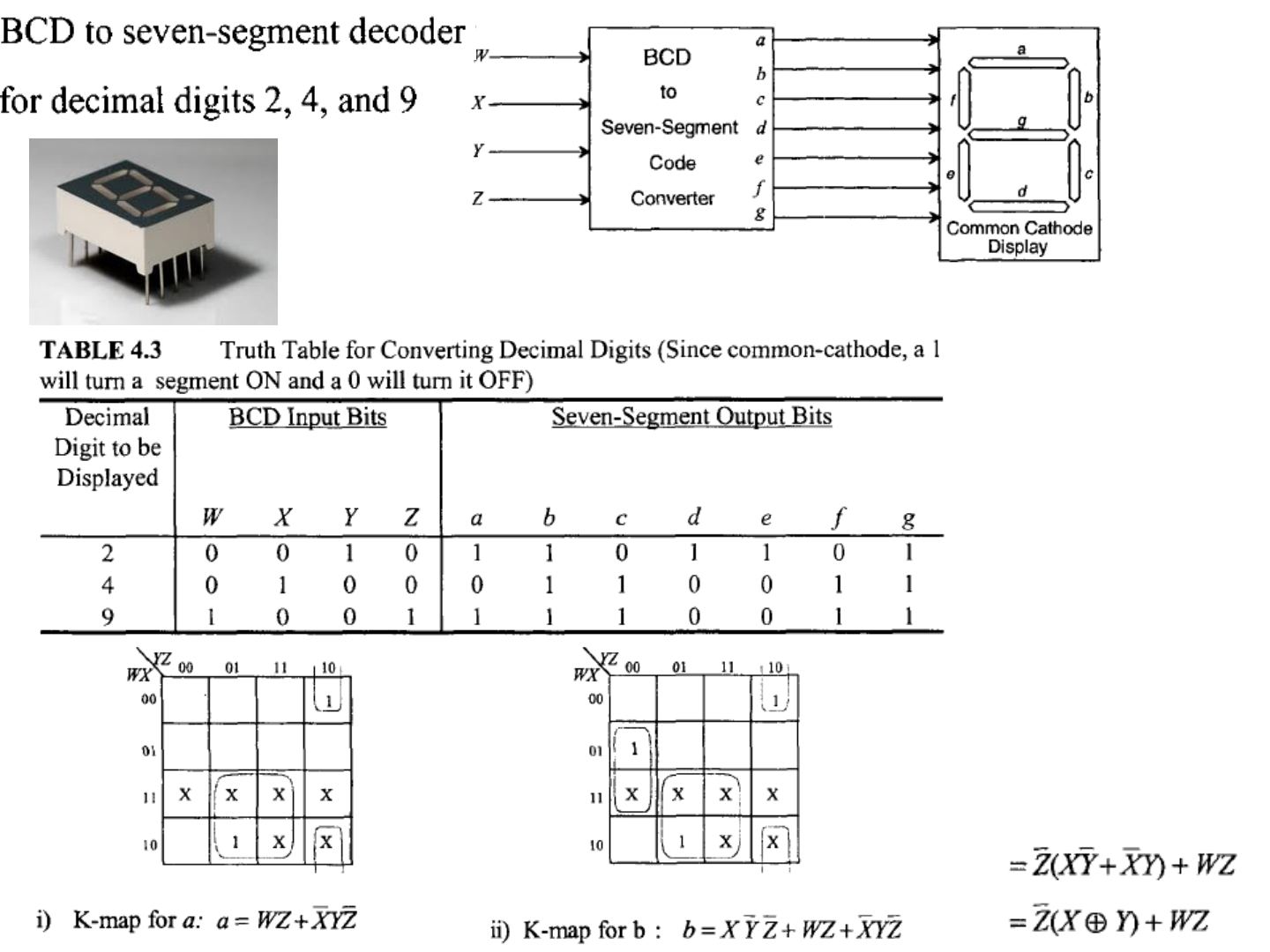 BCD-7 segment kod çözücü bloğu, ortak katotlu gösterge, 2, 4, 9 rakamları için doğruluk tablosu ve a, b segmentlerinin Karnaugh haritaları