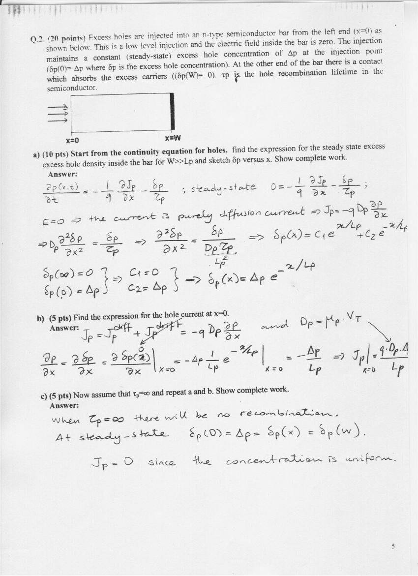 Ara sınav Soru 2 çözümü: süreklilik denklemi, δp(x) ve x = 0'daki delik akımı