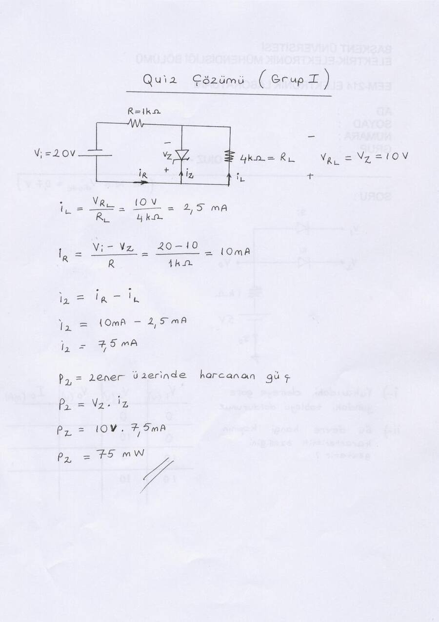 Quiz çözümü Grup I: Zener regülatöründe akımlar ve Zener gücü