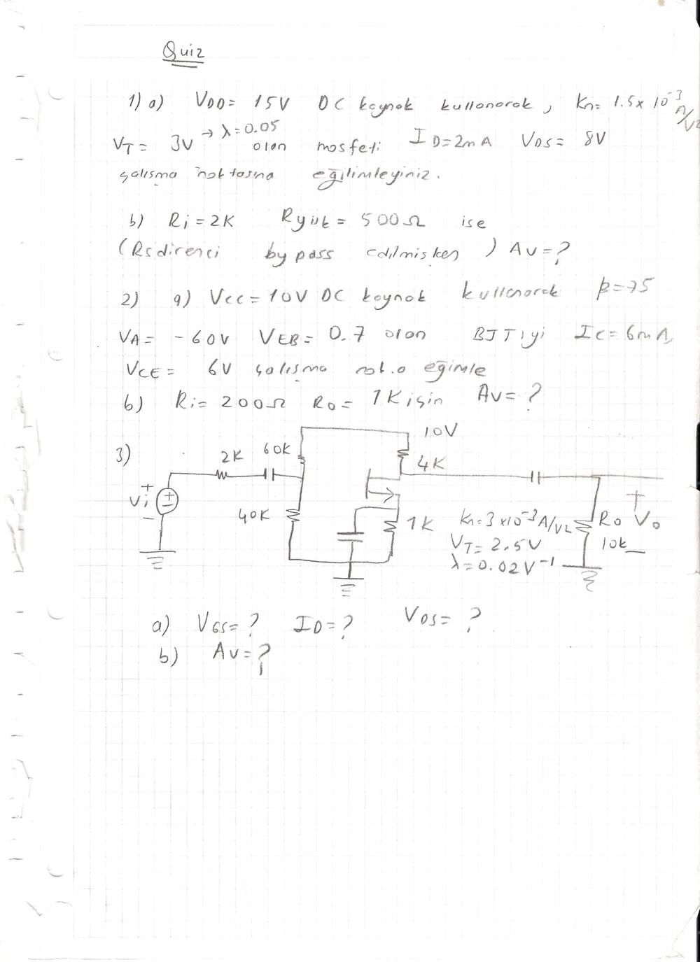 Quiz soruları: MOSFET ve BJT kutuplama ile MOSFET yükselteç kazancı