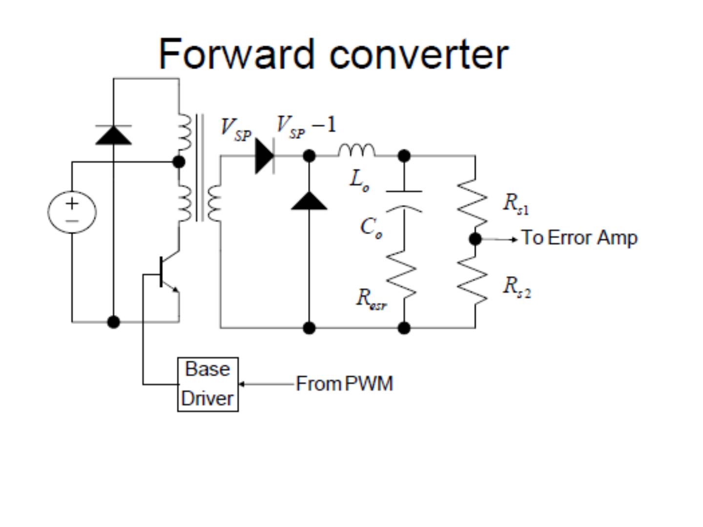 Transformatör, anahtarlama transistörü, diyotlar ve LC filtreli forward converter devresi