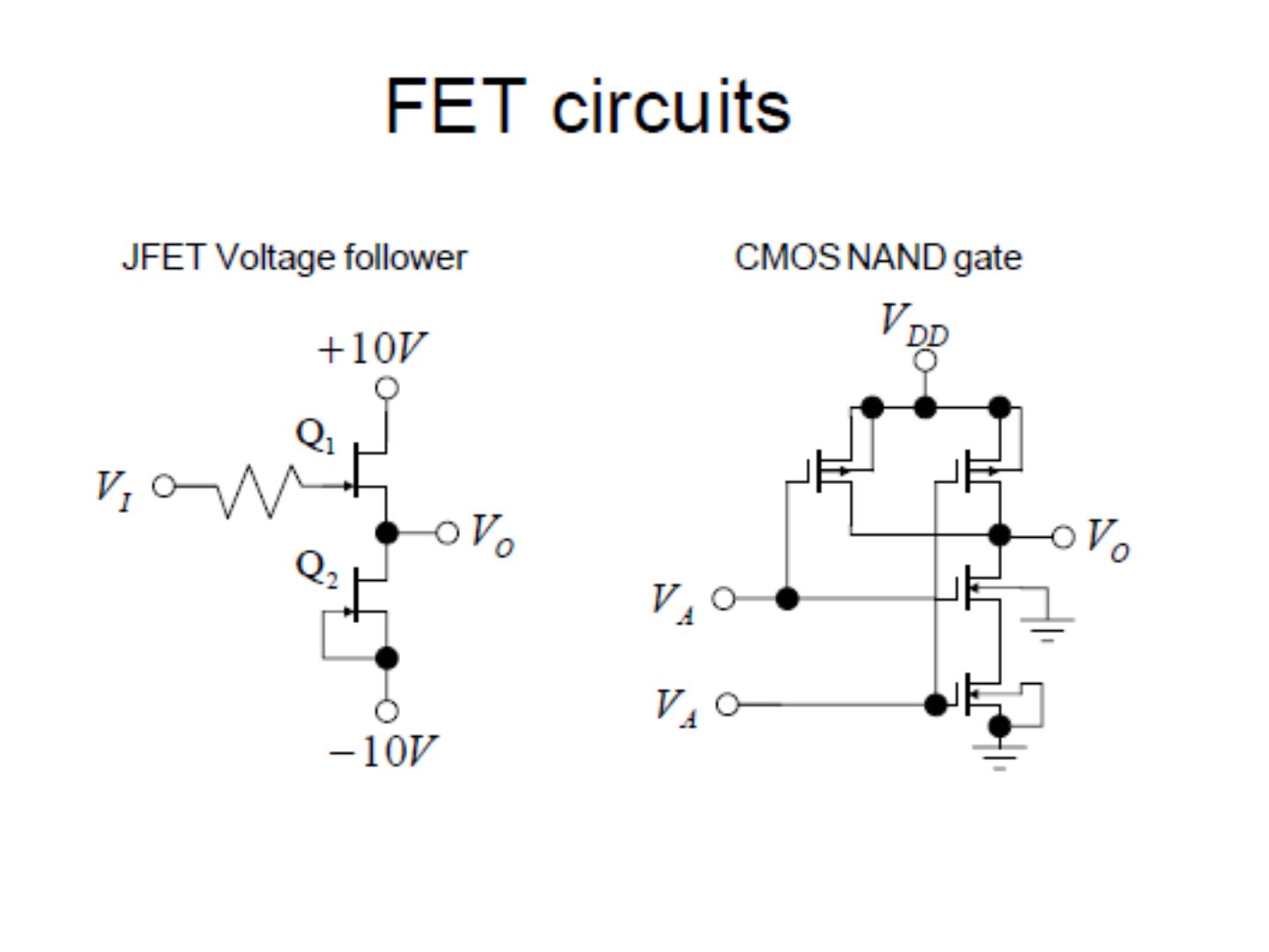 JFET gerilim izleyici ve CMOS NAND kapısı devre şemaları