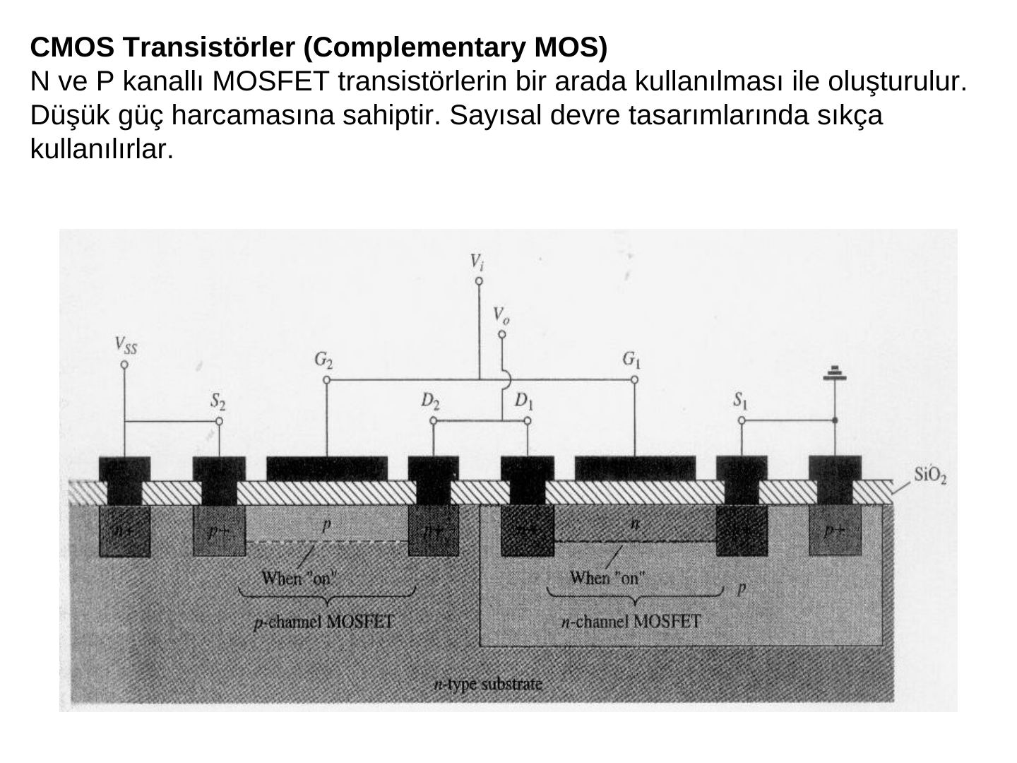 Aynı n tipi alttaş üzerinde p kanallı ve n kanallı MOSFET'ten oluşan CMOS yapısı