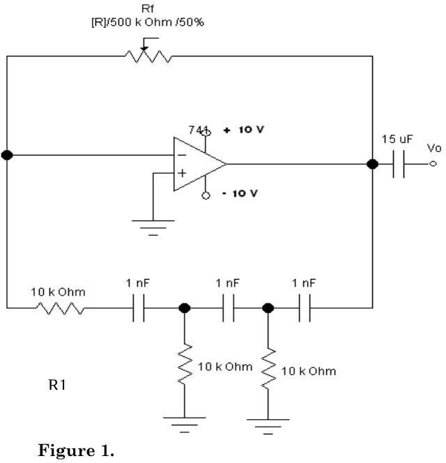 741 op-amp, Rf = 500 kΩ potansiyometre, üç kademeli RC faz kaydırma ağı (1 nF kondansatörler), ±10 V besleme, 15 µF çıkış kondansatörü