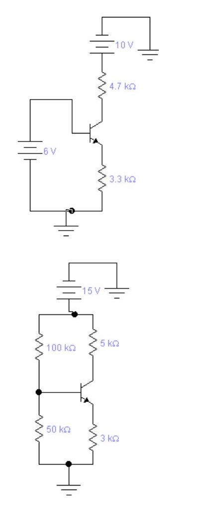 Lab 3 ön çalışma devreleri: 10 V, 4.7 kΩ, 6 V, 3.3 kΩ ile sabit bazlı BJT ve 15 V, 100 kΩ/50 kΩ bölücü, 5 kΩ, 3 kΩ ile bölücü kutuplamalı BJT