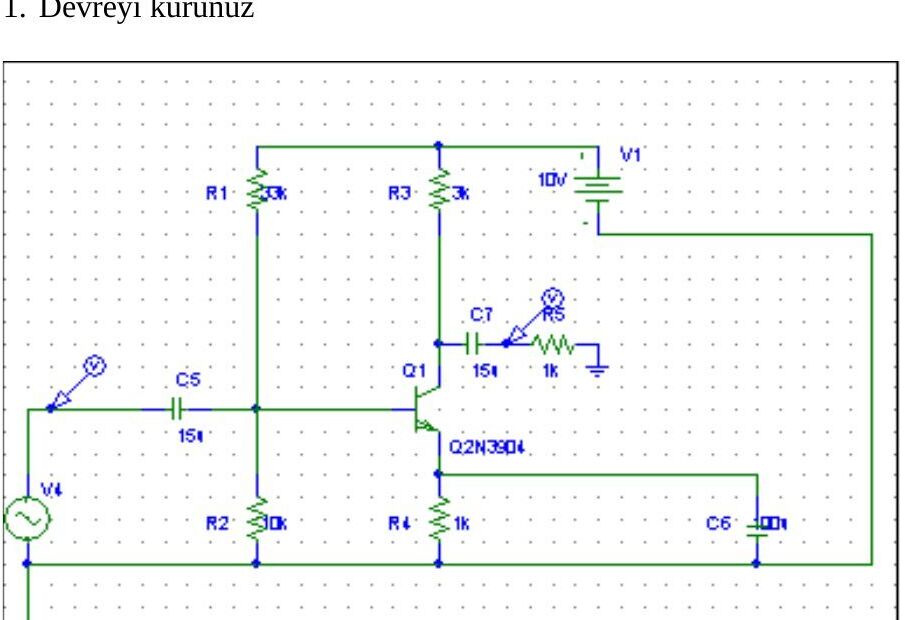 Ortak emetörlü yükselteç: 10 V, R1 = 33 kΩ, R3 = 3 kΩ, R4 = 1 kΩ, 2N3904, 15 µF kuplaj