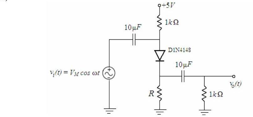 +5 V, 1 kΩ, D1N4148, R, 10 µF kuplaj kondansatörleri ve 1 kΩ yüklü küçük sinyal deney devresi
