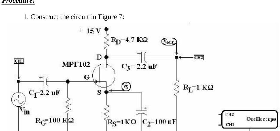MPF102 ortak kaynaklı yükselteç: +15 V, RD = 4.7 kΩ, RG = 100 kΩ, RS = 1 kΩ, C2 = 100 µF, C1 = C3 = 2.2 µF, RL = 1 kΩ