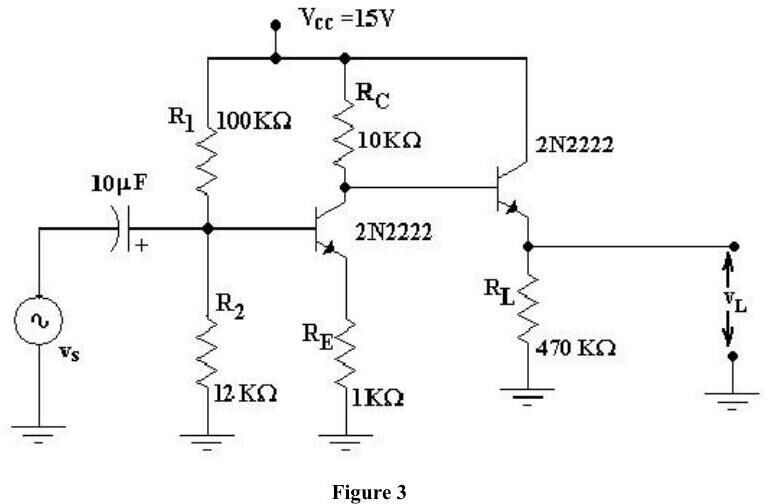 Ortak emetör katının (R1 = 100 kΩ, R2 = 12 kΩ, RC = 10 kΩ, RE = 1 kΩ) doğrudan emetör izleyiciyi sürdüğü iki katlı devre