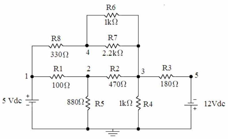5 V ve 12 V kaynaklı, R1–R8 dirençlerinden oluşan direnç ağı