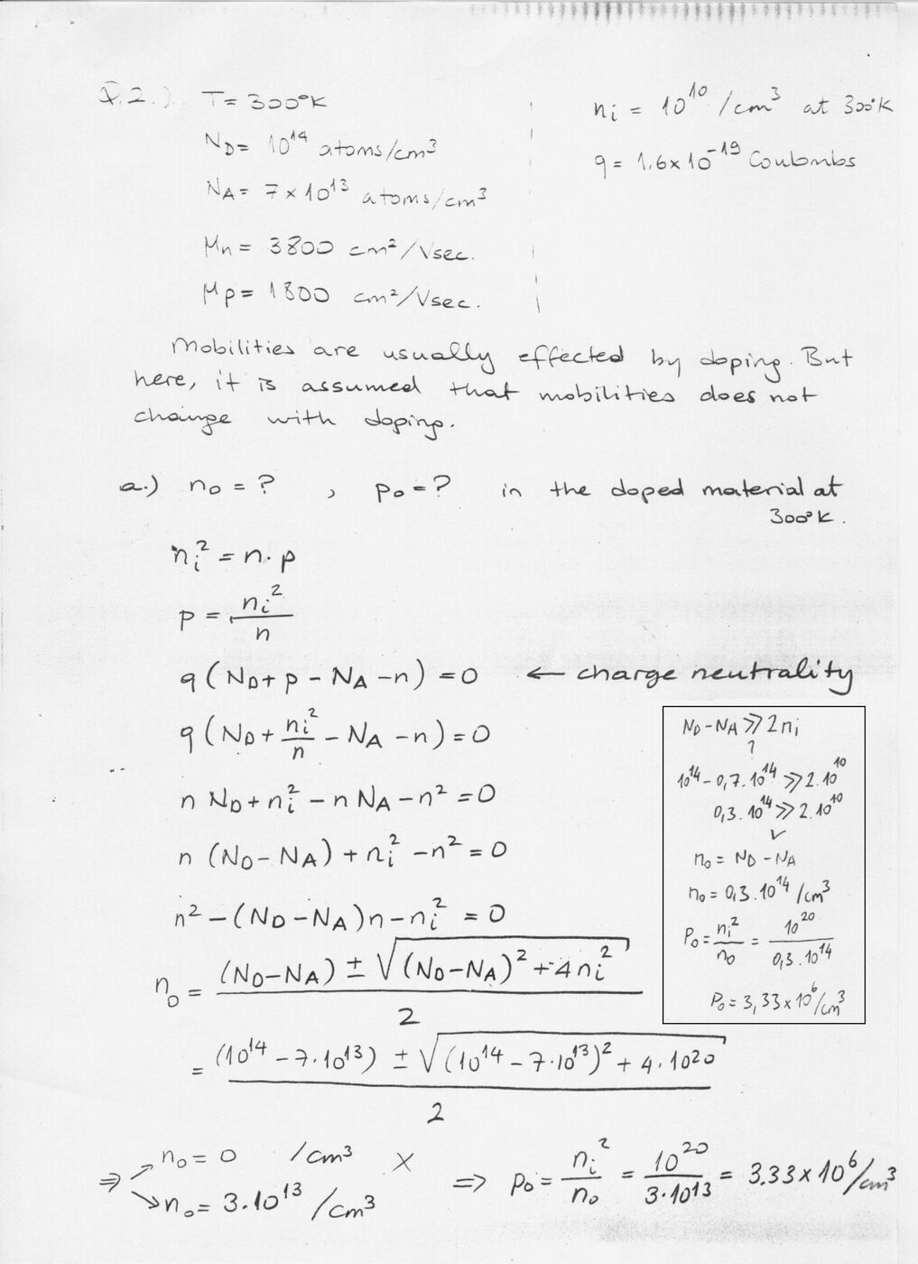 Quiz 1 Soru 2a: yük nötrlüğünden n_o ve p_o hesabı