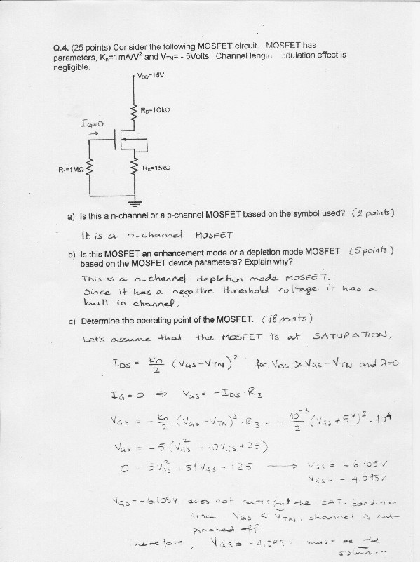 Quiz 3 Soru 4: MOSFET devresi ve çalışma noktası çözümünün ilk kısmı