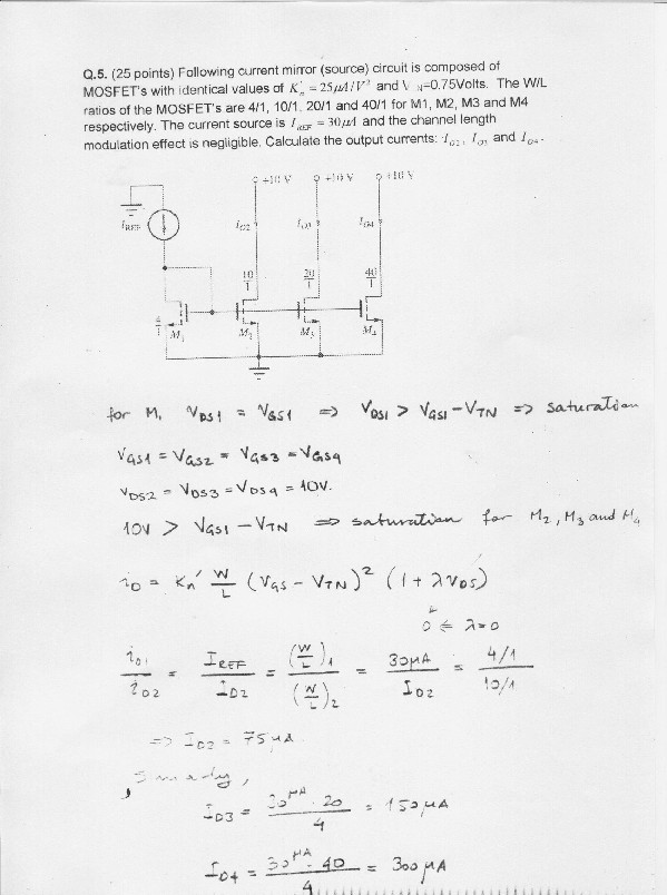 Quiz 3 Soru 5: dört MOSFET'li akım aynası ve çıkış akımlarının hesabı