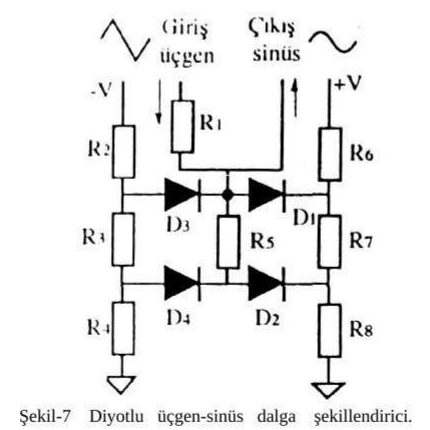 Diyotlu üçgen-sinüs dalga şekillendirici: R1–R8 dirençleri ve D1–D4 diyotları, ±V beslemeli