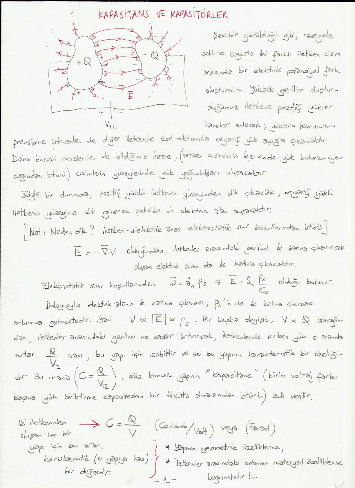 El yazısı not: V₁₂ gerilim kaynağına bağlı +Q ve −Q yüklü iki iletken cisim ve aralarındaki, yüzeylere dik elektrik alan çizgileri