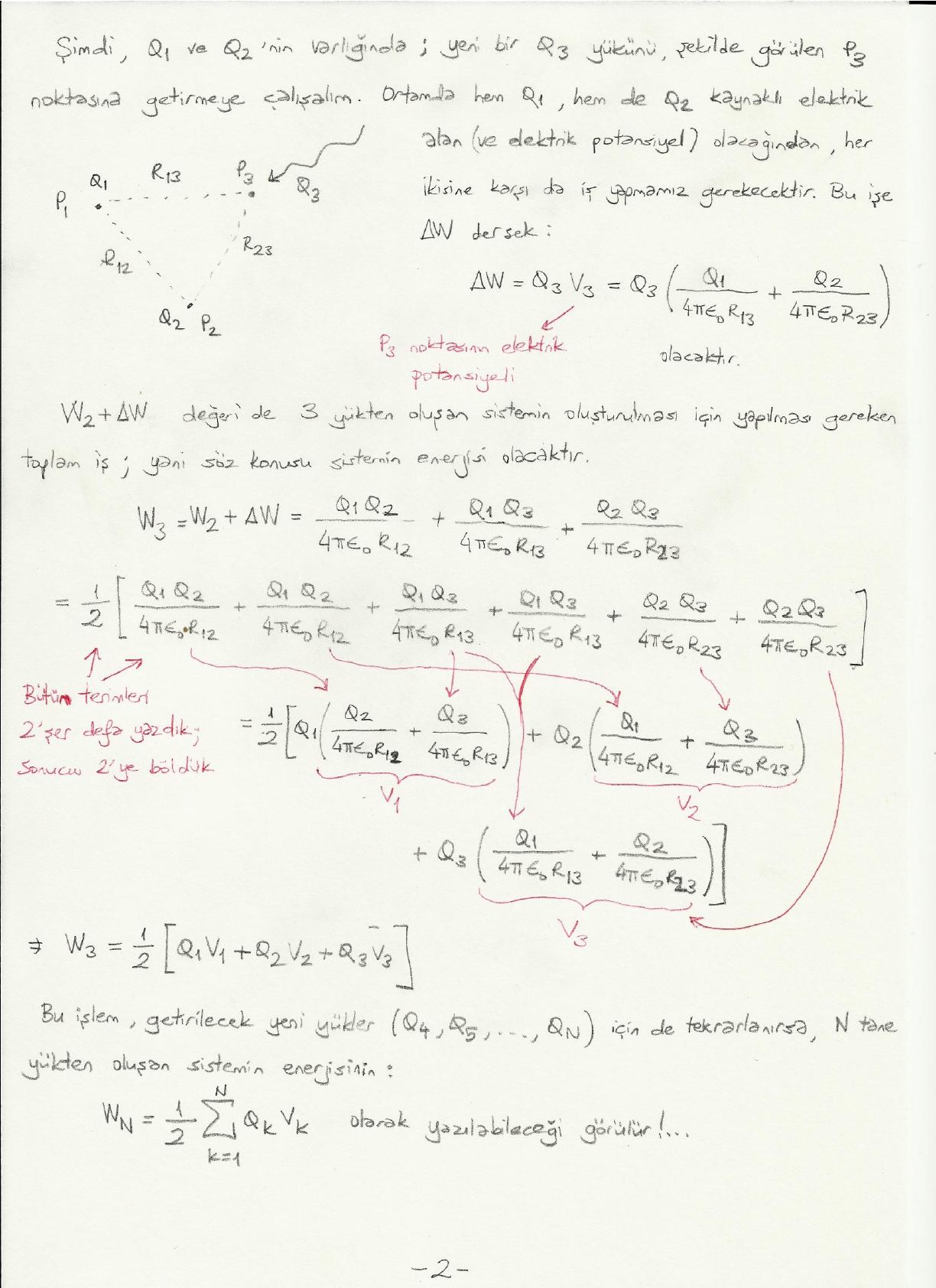 El yazısı not: P₁, P₂, P₃ noktalarındaki Q₁, Q₂, Q₃ yükleri ve aralarındaki R₁₂, R₁₃, R₂₃ mesafeleri; terimlerin V₁, V₂, V₃ olarak gruplanması