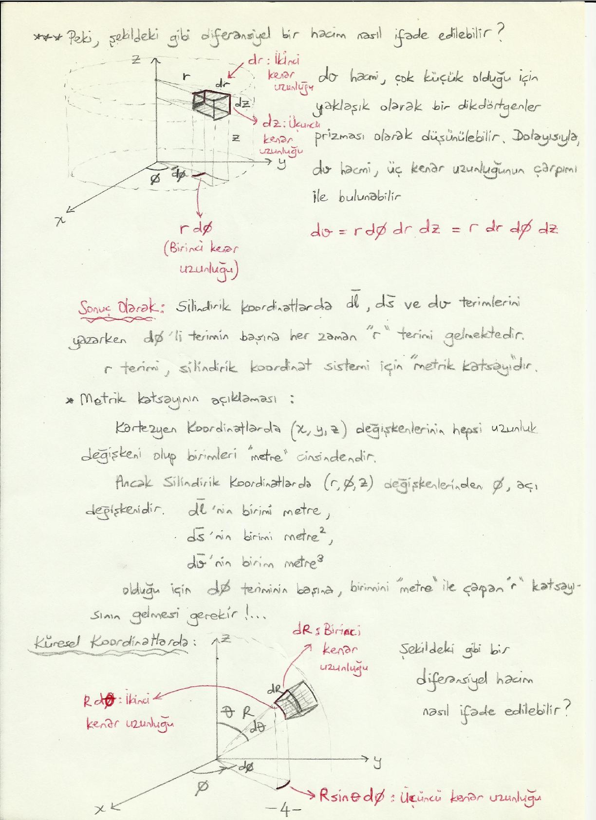El yazısı not: silindirik koordinatlarda r dφ, dr, dz kenarlı ve küresel koordinatlarda dR, R dθ, R sin θ dφ kenarlı diferansiyel hacimler