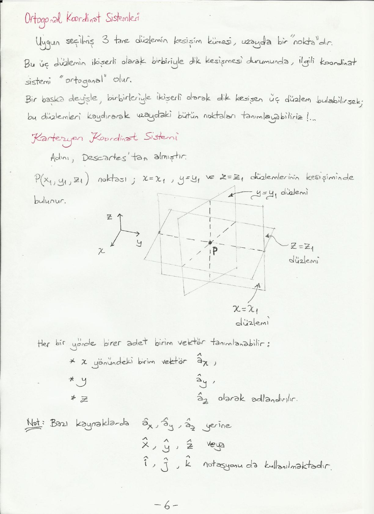 El yazısı not: x = x₁, y = y₁ ve z = z₁ düzlemlerinin P noktasında kesişmesi