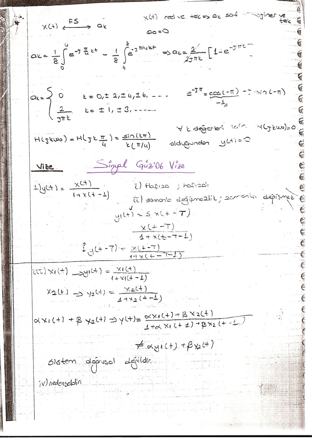Defter sayfası 1: Fourier serisi örneği ve vizenin 1. sorusu