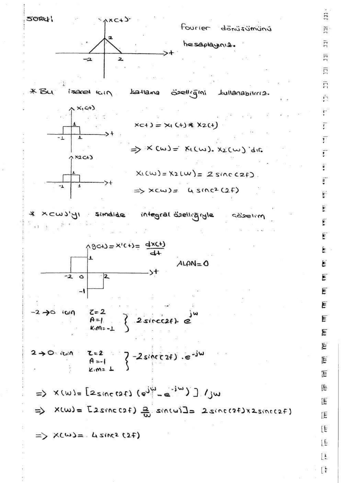 Üçgen sinyalin Fourier dönüşümü: katlama ve integral özelliğiyle 4 sinc²(2f)