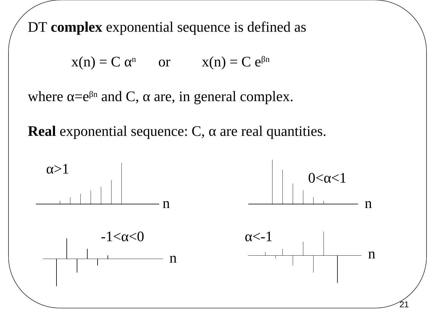 Gerçel üstel dizinin α > 1, 0 < α < 1, −1 < α < 0 ve α < −1 durumlarındaki biçimleri