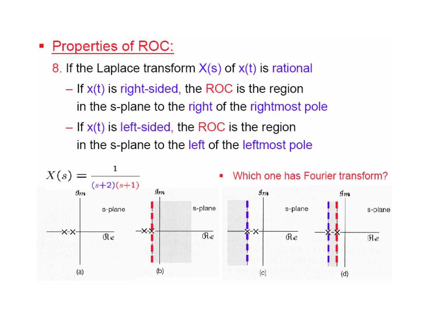 X(s) = 1/((s+2)(s+1)) için kutup-sıfır diyagramı ve üç olası ROC