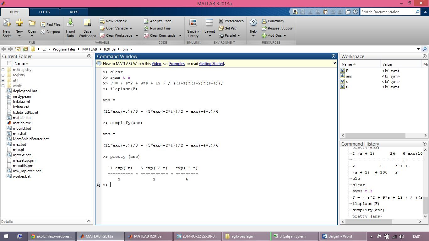 MATLAB R2013a: ilaplace(F), simplify ve pretty çıktısı