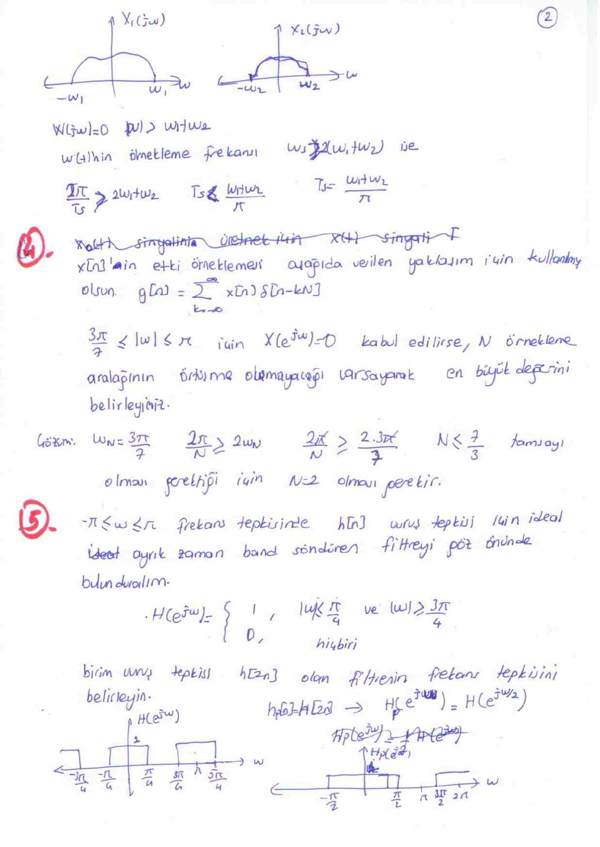 Örnek 3'ün spektrum çizimleri, Örnek 4 ve Örnek 5: bant söndüren H(e^jω) ve h[2n] süzgecinin Hp(e^jω) yanıtı